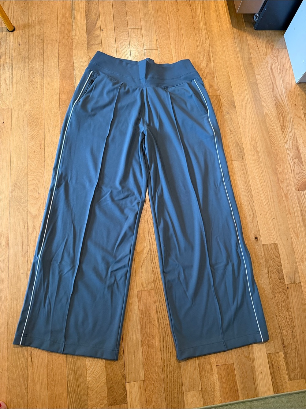 Athleta Wide-Leg Pants in Slate Blue with White Side Piping